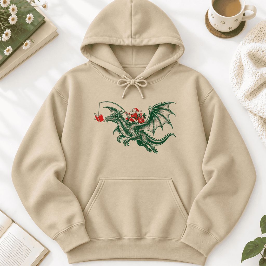 Santa Riding Green Dragon Softstyle Hoodie | Christmas Fantasy Reader Gift Sand