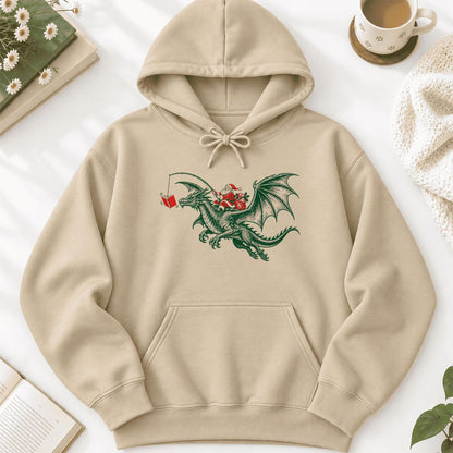 Santa Riding Green Dragon Softstyle Hoodie | Christmas Fantasy Reader Gift Sand