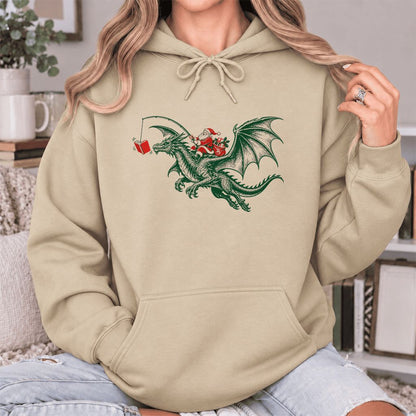 Santa Riding Green Dragon Softstyle Hoodie | Christmas Fantasy Reader Gift Sand