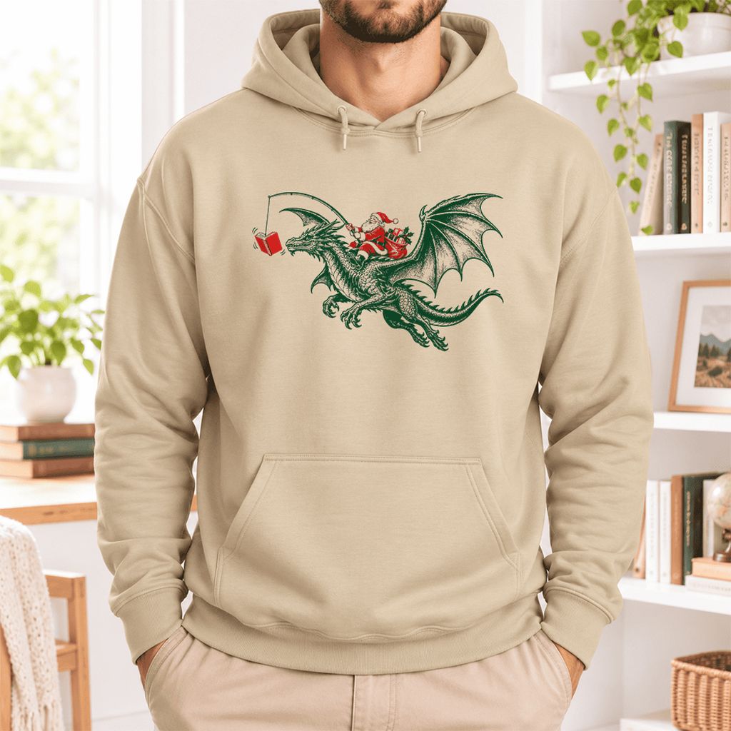 Santa Riding Green Dragon Softstyle Hoodie | Christmas Fantasy Reader Gift Sand
