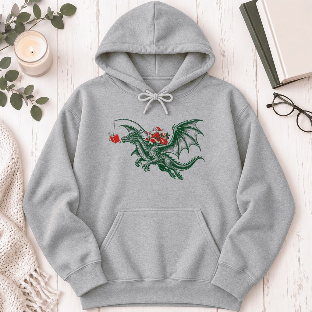 Santa Riding Green Dragon Softstyle Hoodie | Christmas Fantasy Reader Gift Sport Grey
