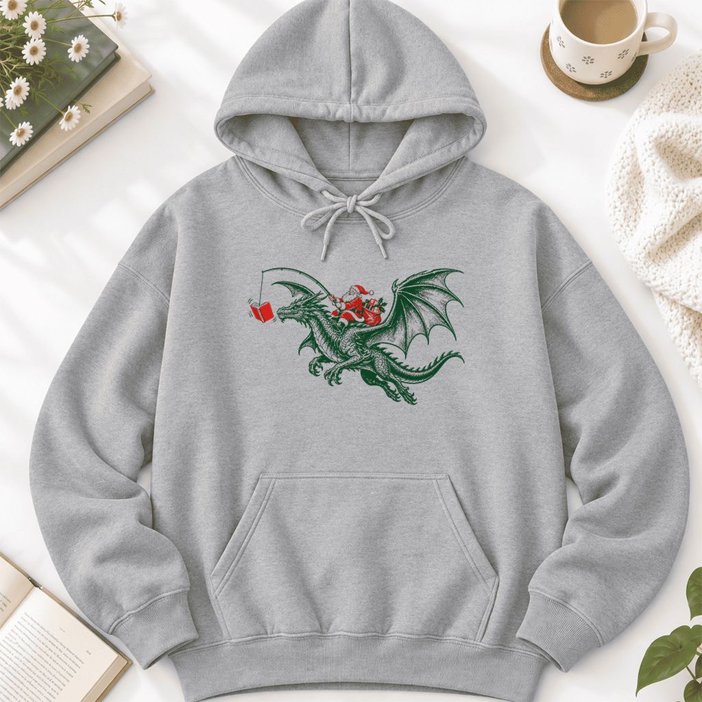 Santa Riding Green Dragon Softstyle Hoodie | Christmas Fantasy Reader Gift Sport Grey