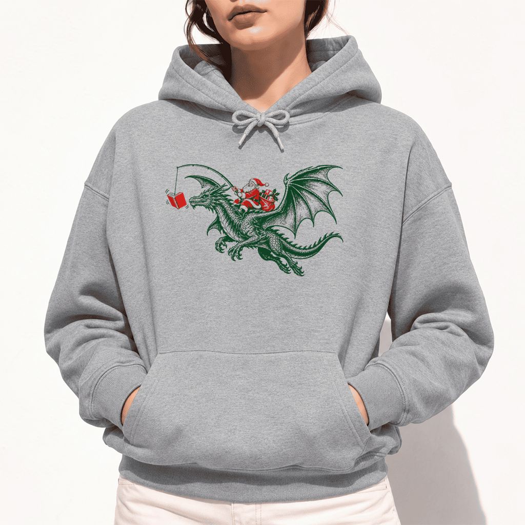 Santa Riding Green Dragon Softstyle Hoodie | Christmas Fantasy Reader Gift Sport Grey