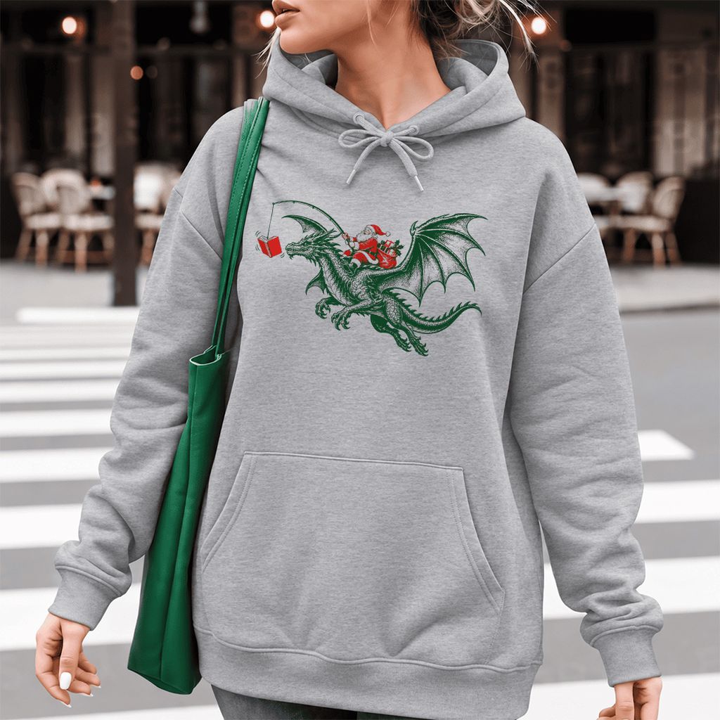 Santa Riding Green Dragon Softstyle Hoodie | Christmas Fantasy Reader Gift Sport Grey