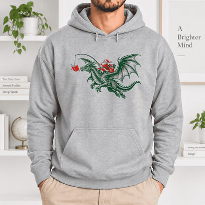 Santa Riding Green Dragon Softstyle Hoodie | Christmas Fantasy Reader Gift Sport Grey