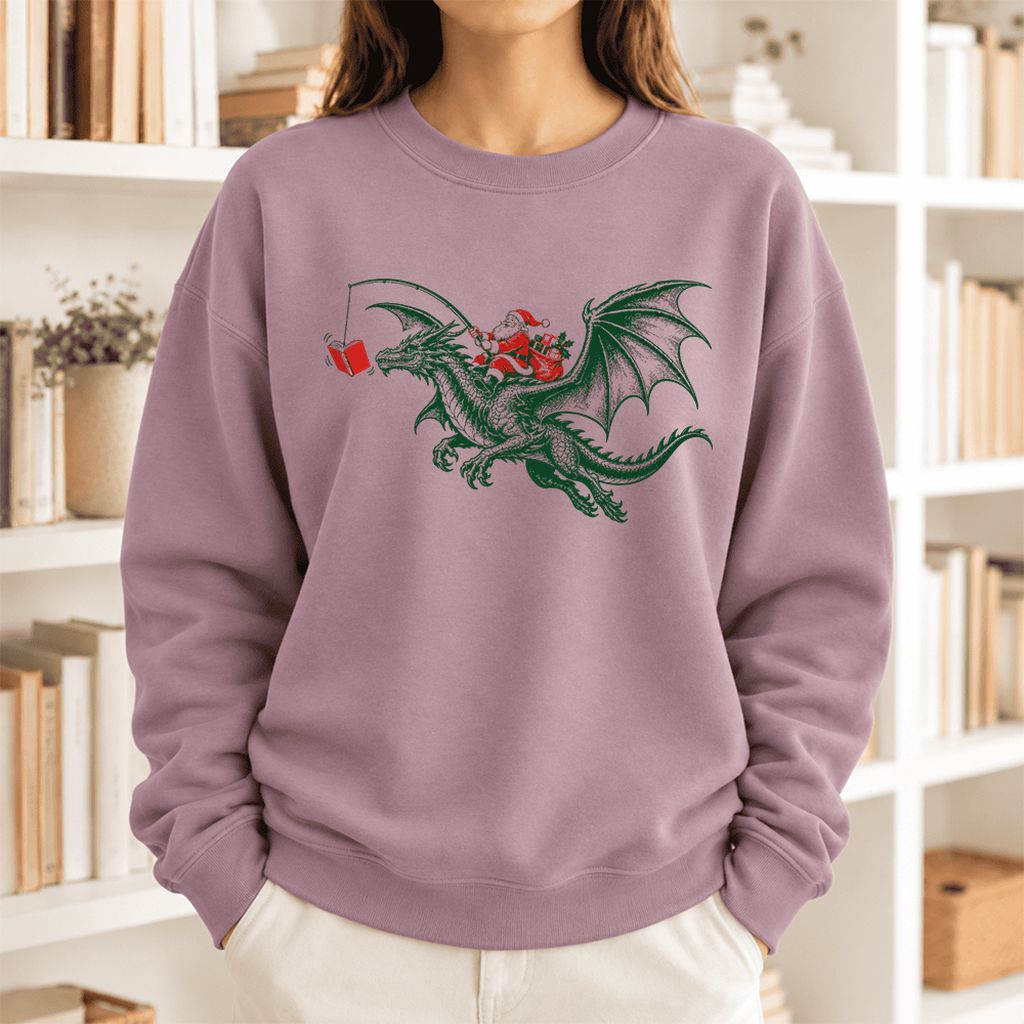 Santa Riding Green Dragon Softstyle Sweatshirt | Christmas Fantasy Reader Gift Paragon