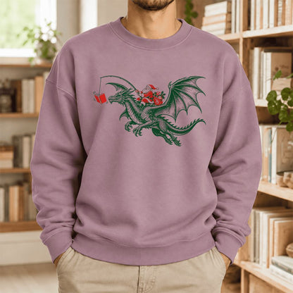 Santa Riding Green Dragon Softstyle Sweatshirt | Christmas Fantasy Reader Gift Paragon