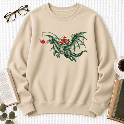 Santa Riding Green Dragon Softstyle Sweatshirt | Christmas Fantasy Reader Gift Sand