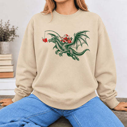 Santa Riding Green Dragon Softstyle Sweatshirt | Christmas Fantasy Reader Gift Sand