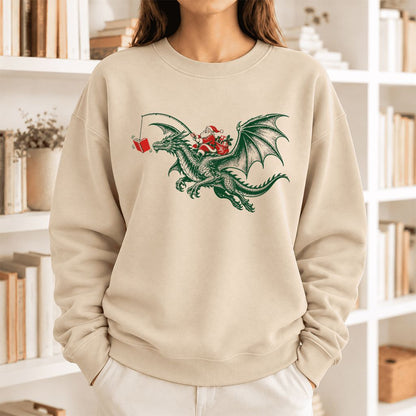 Santa Riding Green Dragon Softstyle Sweatshirt | Christmas Fantasy Reader Gift Sand