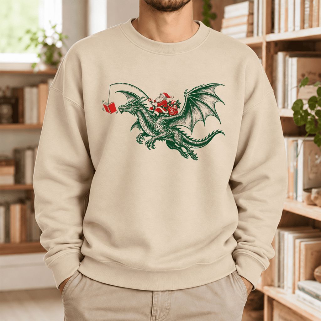 Santa Riding Green Dragon Softstyle Sweatshirt | Christmas Fantasy Reader Gift Sand