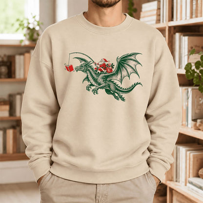 Santa Riding Green Dragon Softstyle Sweatshirt | Christmas Fantasy Reader Gift Sand