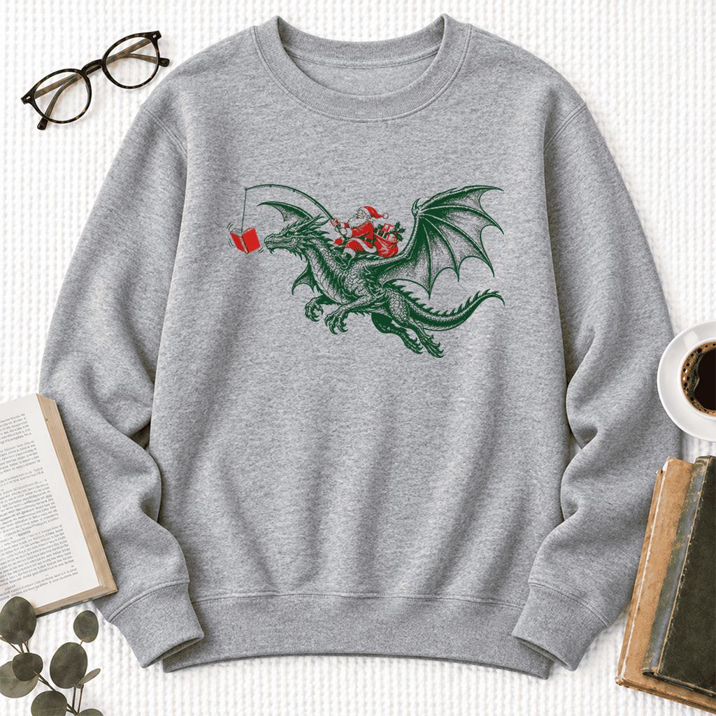 Santa Riding Green Dragon Softstyle Sweatshirt | Christmas Fantasy Reader Gift Sport Grey