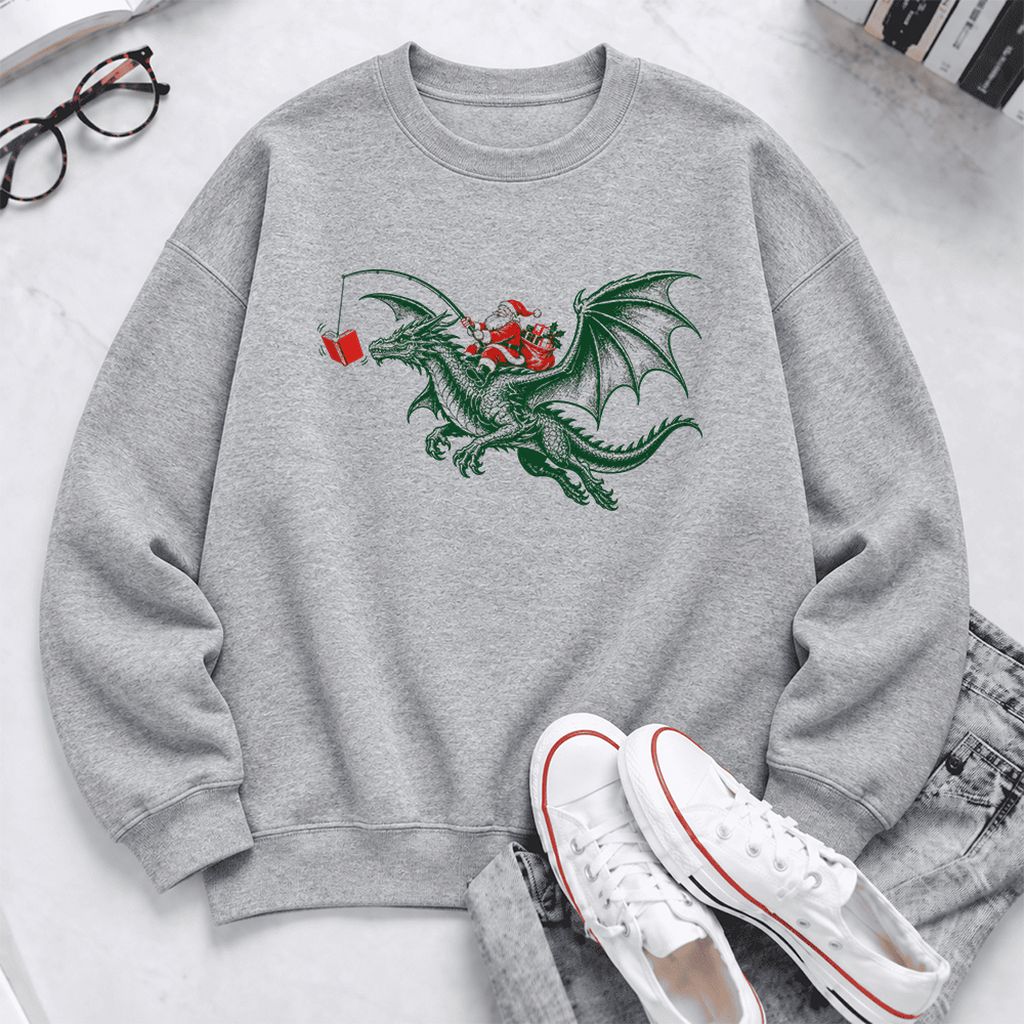 Santa Riding Green Dragon Softstyle Sweatshirt | Christmas Fantasy Reader Gift Sport Grey