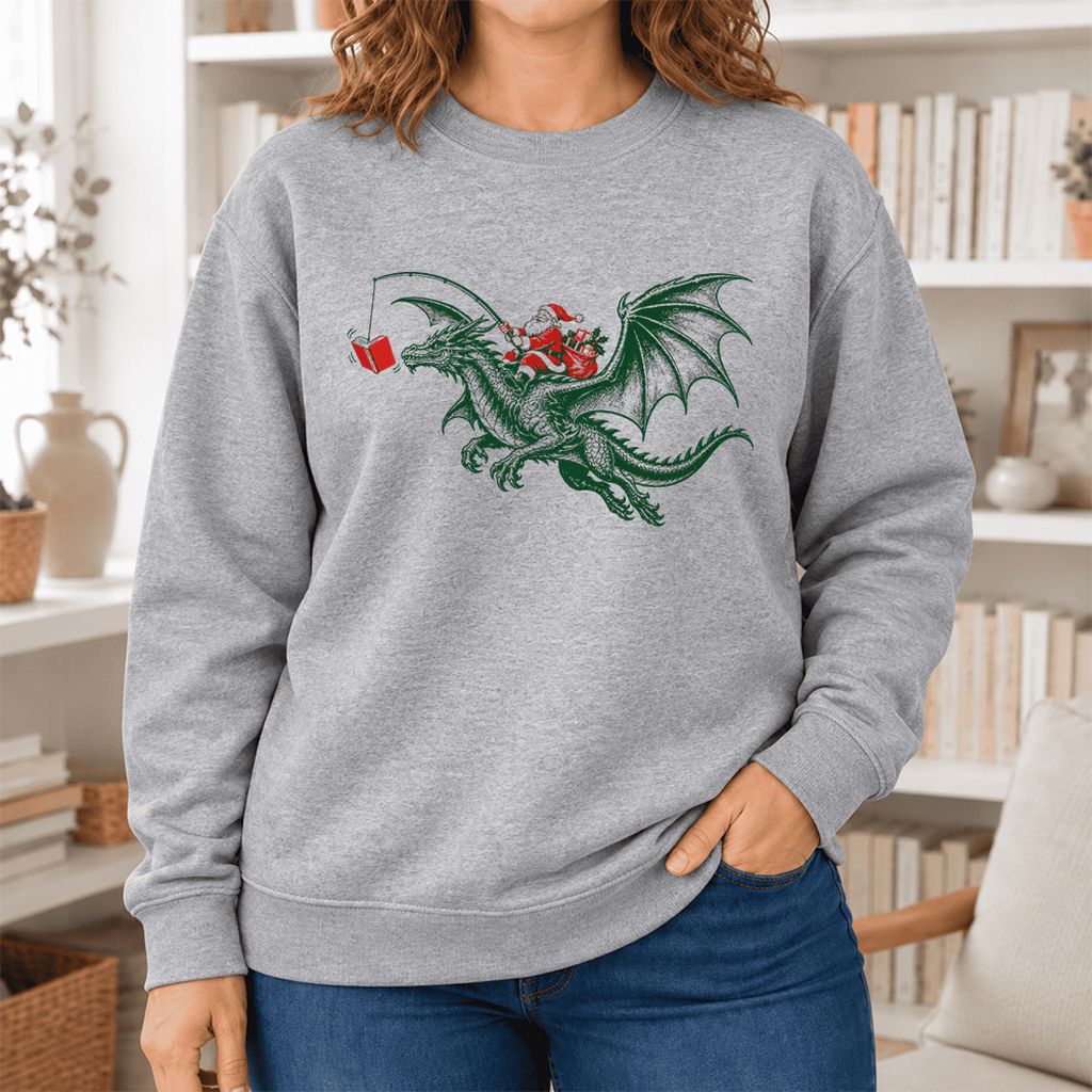 Santa Riding Green Dragon Softstyle Sweatshirt | Christmas Fantasy Reader Gift Sport Grey