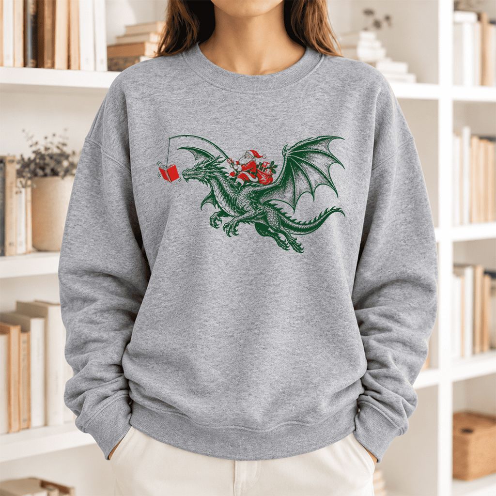 Santa Riding Green Dragon Softstyle Sweatshirt | Christmas Fantasy Reader Gift Sport Grey
