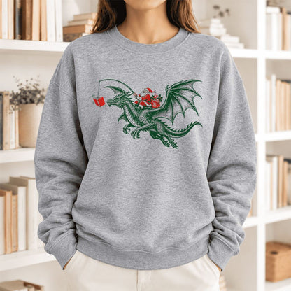 Santa Riding Green Dragon Softstyle Sweatshirt | Christmas Fantasy Reader Gift Sport Grey