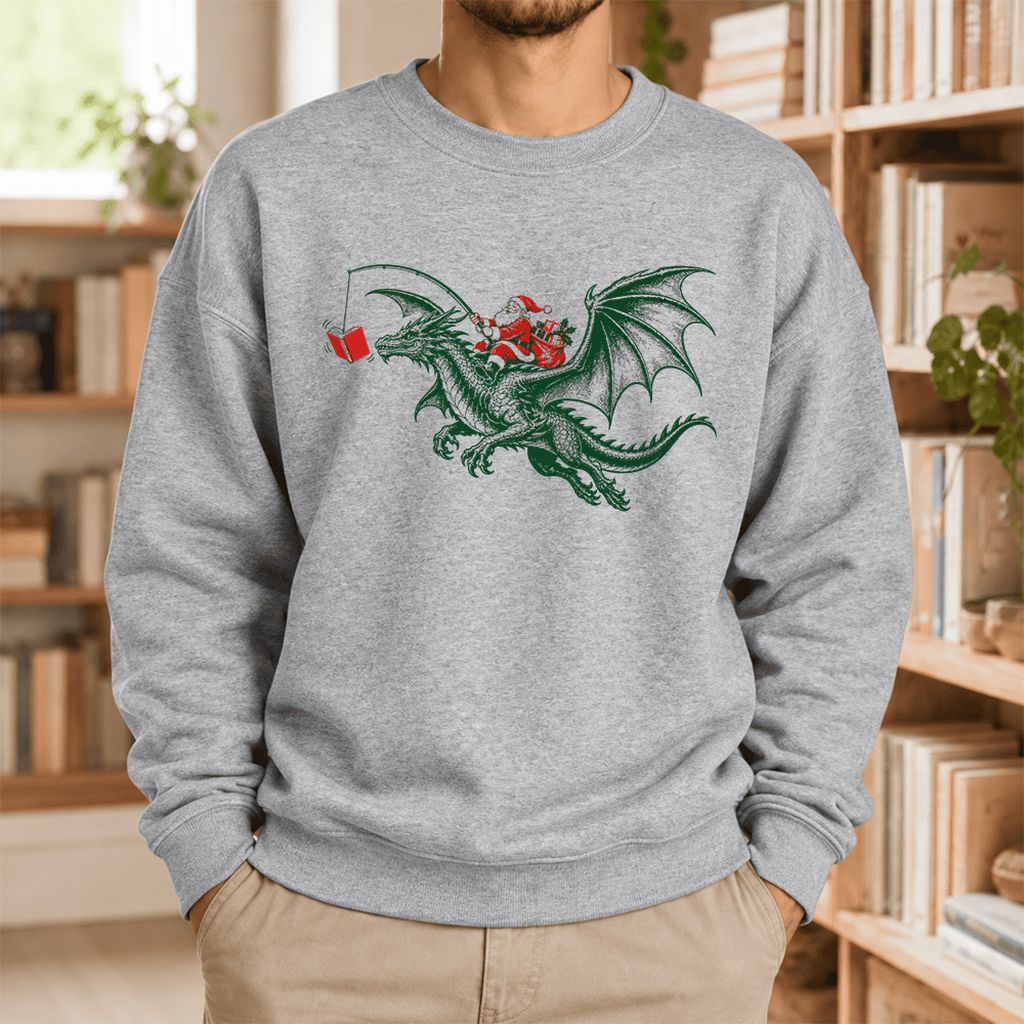 Santa Riding Green Dragon Softstyle Sweatshirt | Christmas Fantasy Reader Gift Sport Grey
