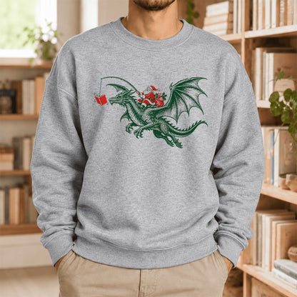 Santa Riding Green Dragon Softstyle Sweatshirt | Christmas Fantasy Reader Gift Sport Grey