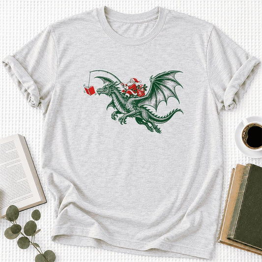 Santa Riding Green Dragon Ultra-Soft Cotton T-Shirt | Fantasy Reader Gift Ash