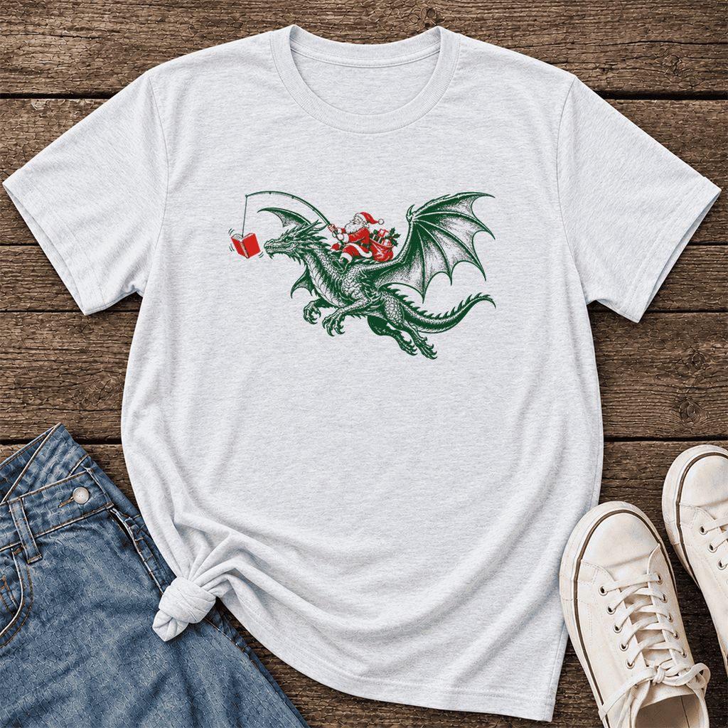 Santa Riding Green Dragon Ultra-Soft Cotton T-Shirt | Fantasy Reader Gift Ash