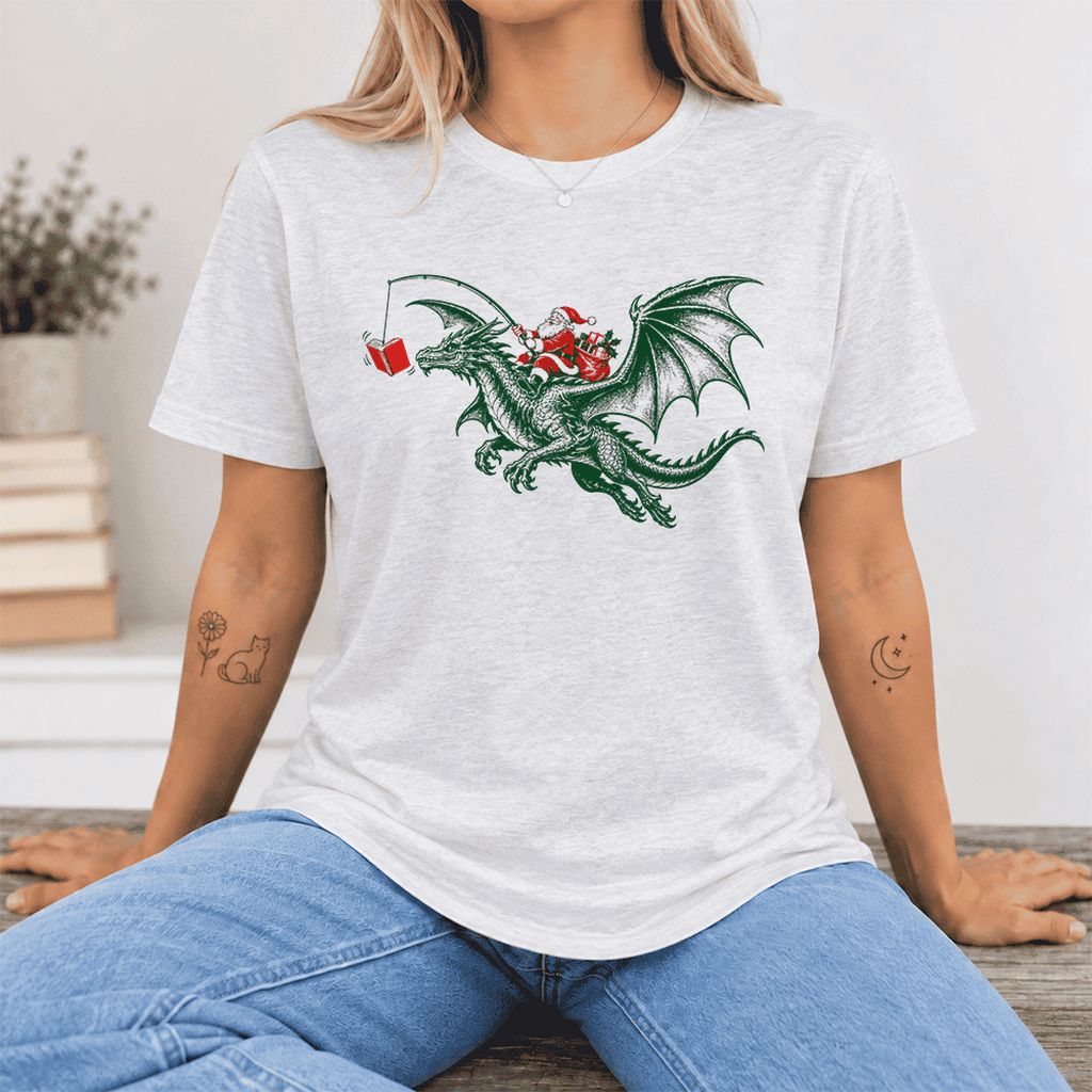 Santa Riding Green Dragon Ultra-Soft Cotton T-Shirt | Fantasy Reader Gift Ash