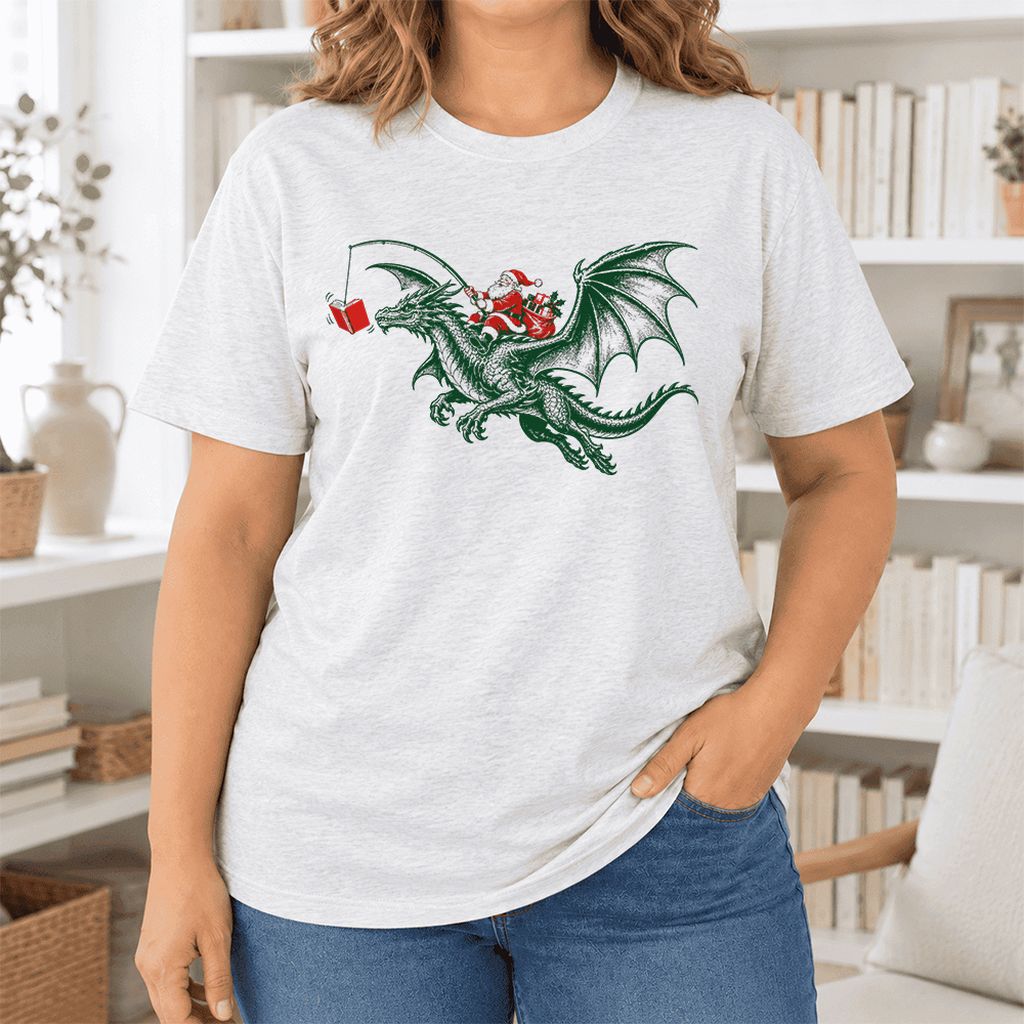 Santa Riding Green Dragon Ultra-Soft Cotton T-Shirt | Fantasy Reader Gift Ash