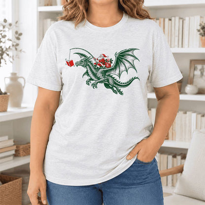 Santa Riding Green Dragon Ultra-Soft Cotton T-Shirt | Fantasy Reader Gift Ash