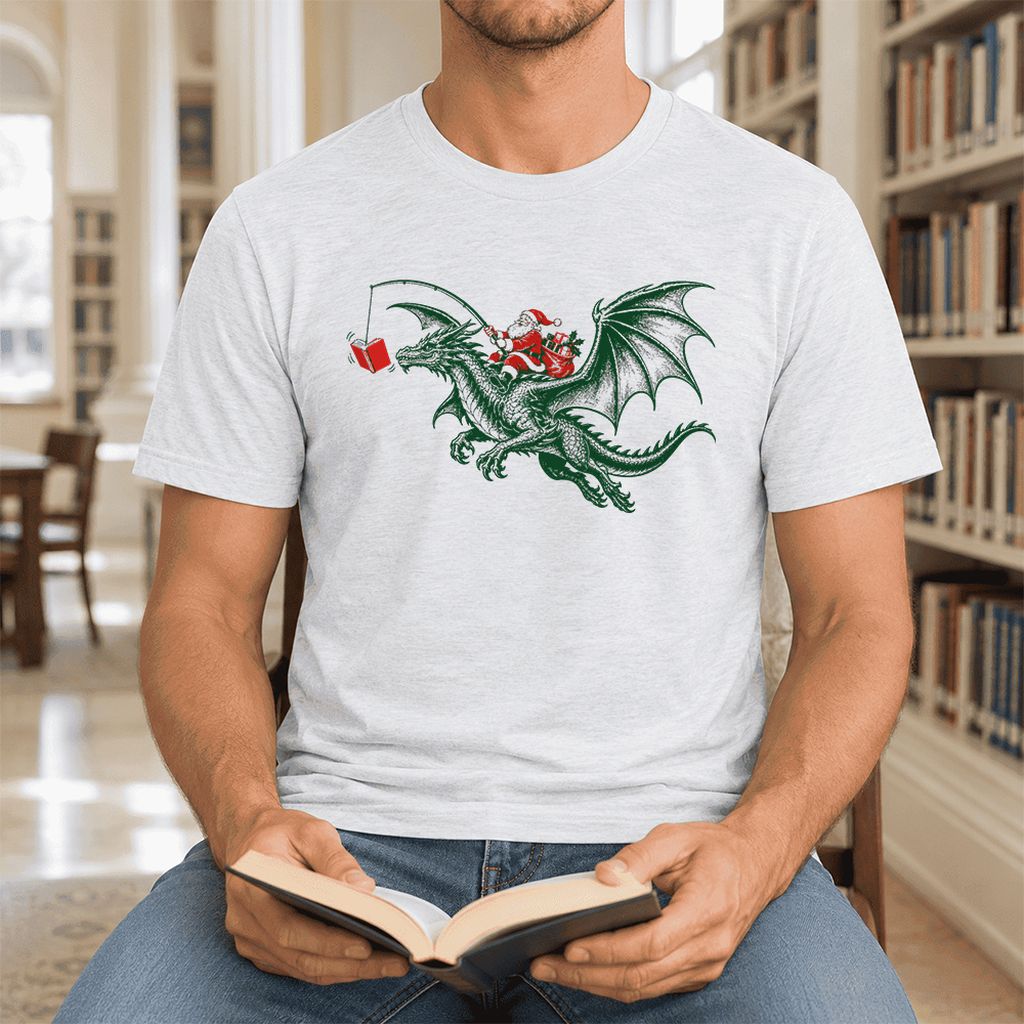 Santa Riding Green Dragon Ultra-Soft Cotton T-Shirt | Fantasy Reader Gift Ash