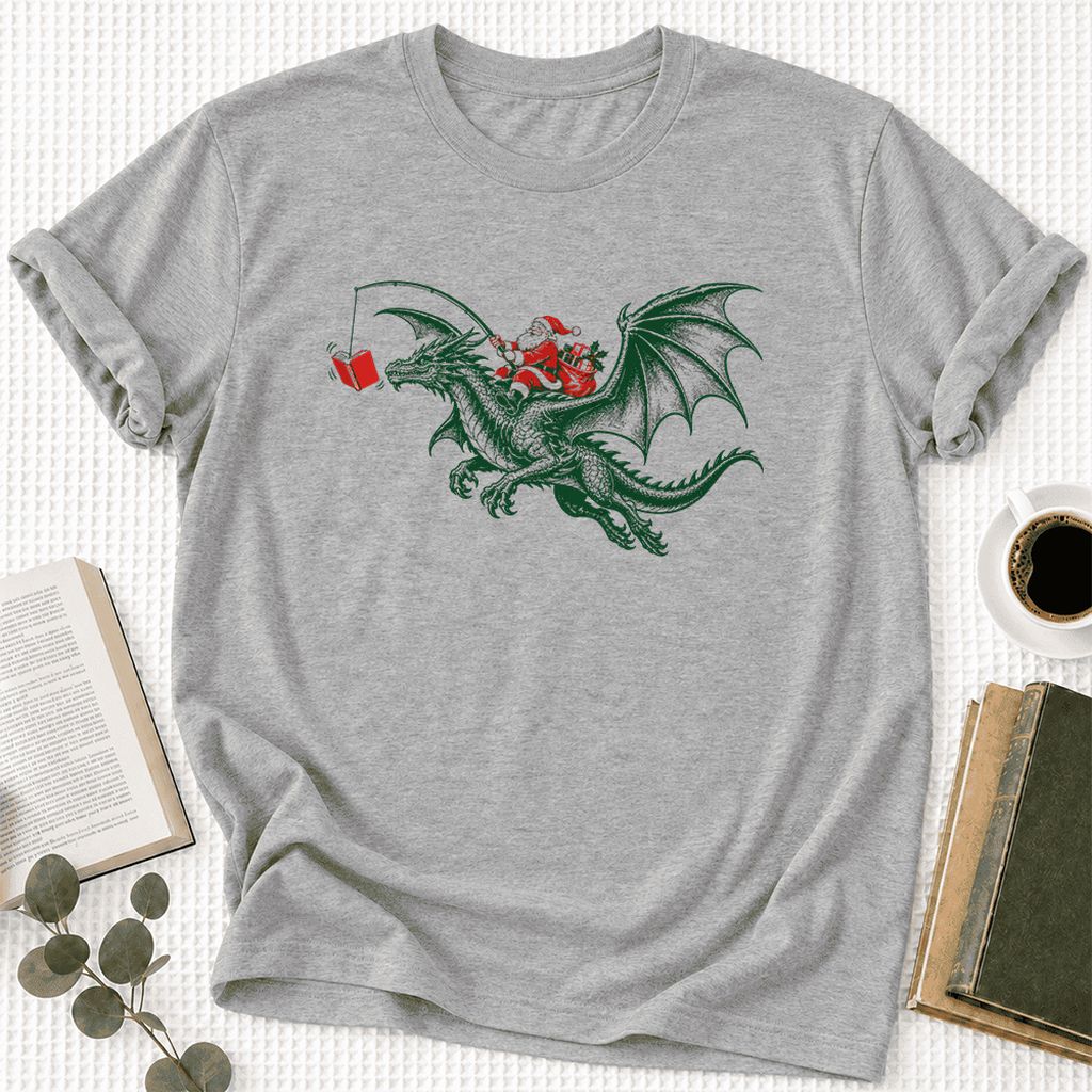 Santa Riding Green Dragon Ultra-Soft Cotton T-Shirt | Fantasy Reader Gift Athletic Heather