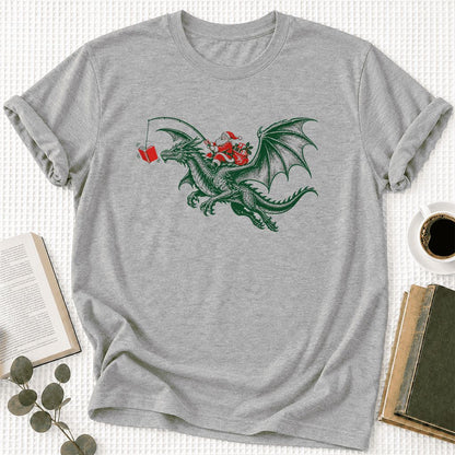 Santa Riding Green Dragon Ultra-Soft Cotton T-Shirt | Fantasy Reader Gift Athletic Heather