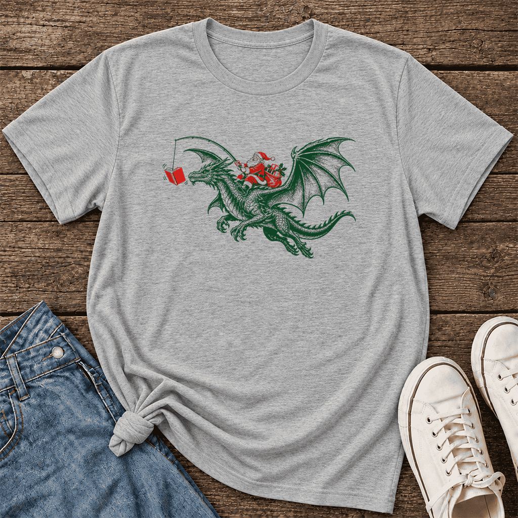 Santa Riding Green Dragon Ultra-Soft Cotton T-Shirt | Fantasy Reader Gift Athletic Heather