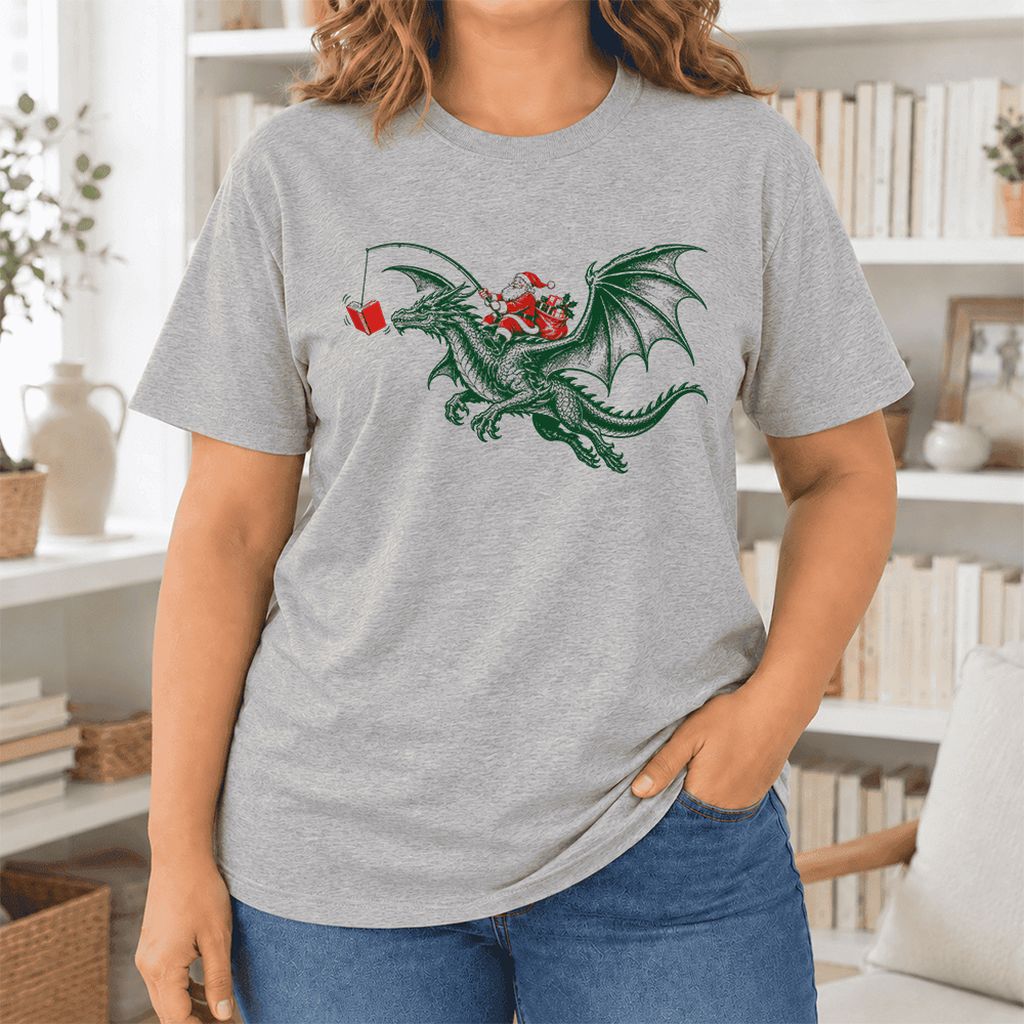 Santa Riding Green Dragon Ultra-Soft Cotton T-Shirt | Fantasy Reader Gift Athletic Heather