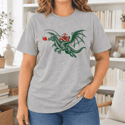 Santa Riding Green Dragon Ultra-Soft Cotton T-Shirt | Fantasy Reader Gift Athletic Heather