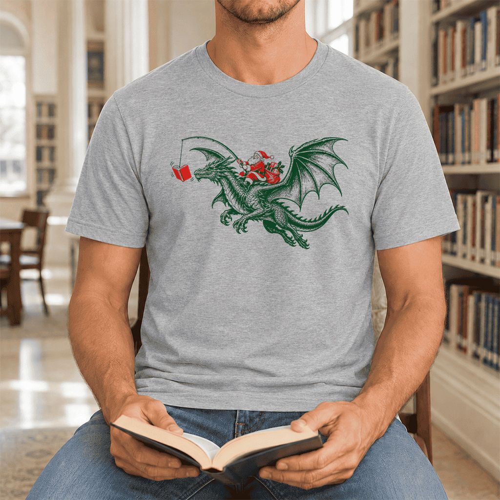 Santa Riding Green Dragon Ultra-Soft Cotton T-Shirt | Fantasy Reader Gift Athletic Heather
