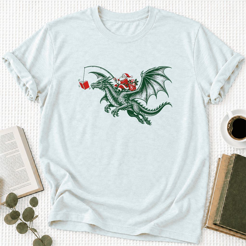Santa Riding Green Dragon Ultra-Soft Cotton T-Shirt | Fantasy Reader Gift Heather Ice Blue