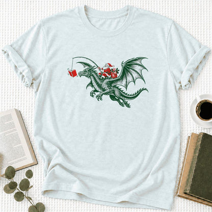 Santa Riding Green Dragon Ultra-Soft Cotton T-Shirt | Fantasy Reader Gift Heather Ice Blue