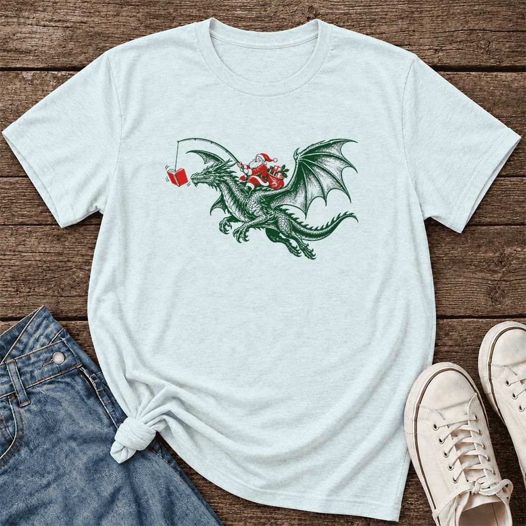 Santa Riding Green Dragon Ultra-Soft Cotton T-Shirt | Fantasy Reader Gift Heather Ice Blue