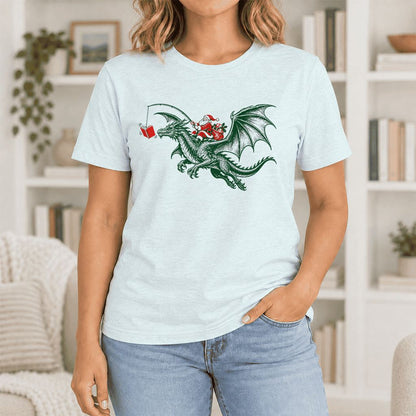 Santa Riding Green Dragon Ultra-Soft Cotton T-Shirt | Fantasy Reader Gift Heather Ice Blue