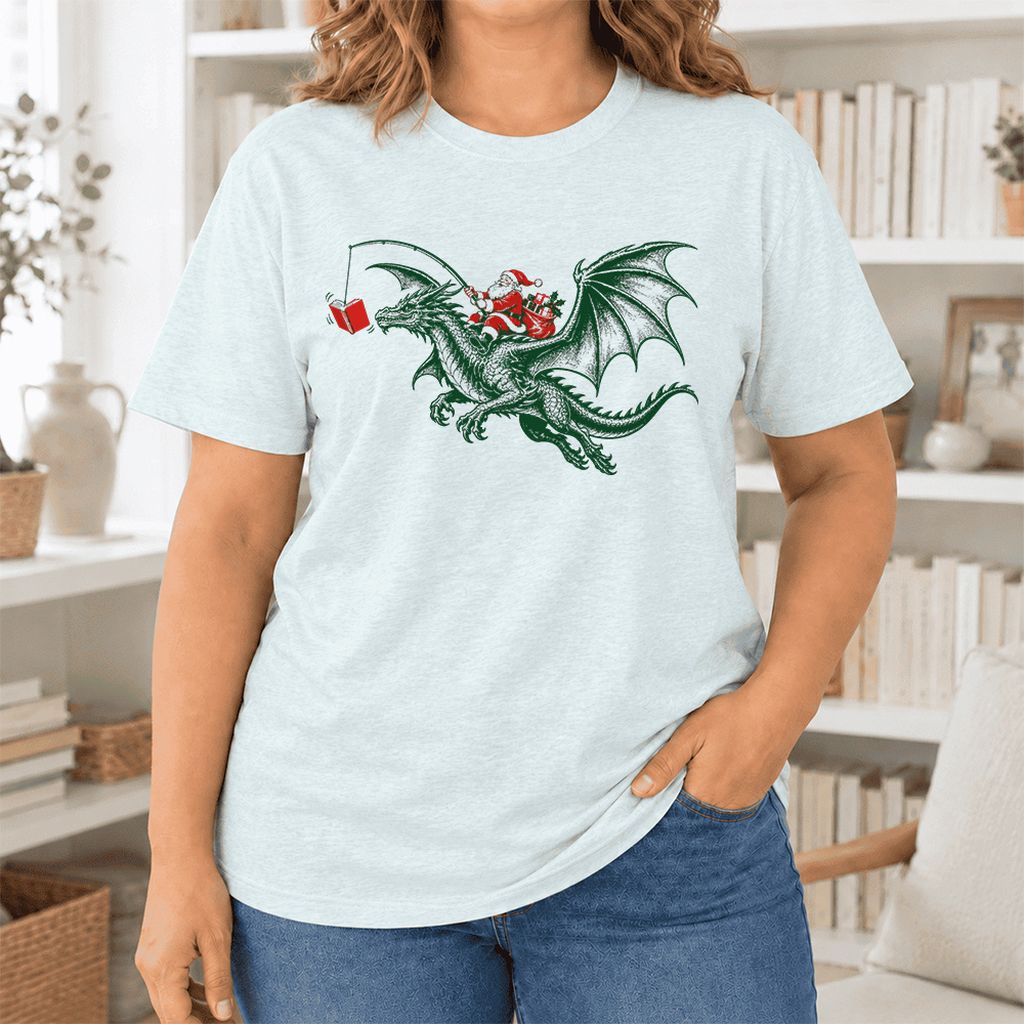Santa Riding Green Dragon Ultra-Soft Cotton T-Shirt | Fantasy Reader Gift Heather Ice Blue
