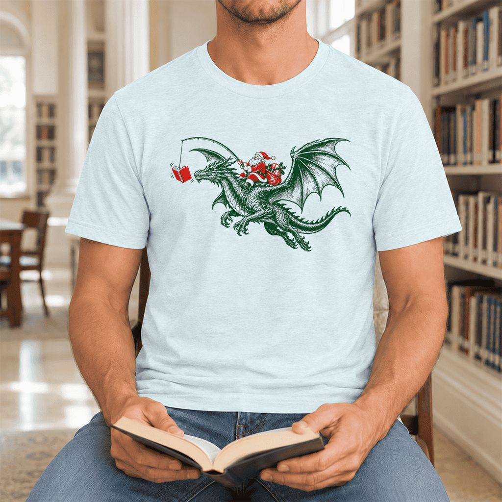 Santa Riding Green Dragon Ultra-Soft Cotton T-Shirt | Fantasy Reader Gift Heather Ice Blue