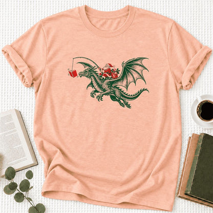 Santa Riding Green Dragon Ultra-Soft Cotton T-Shirt | Fantasy Reader Gift Heather Peach