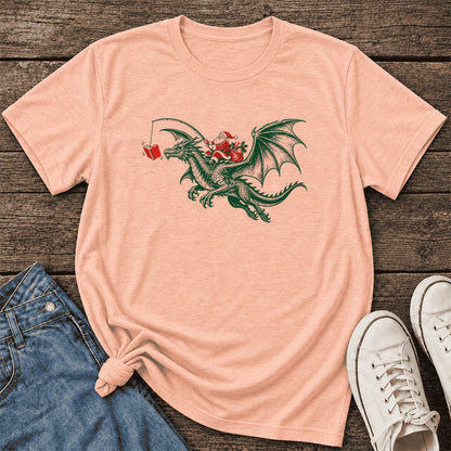 Santa Riding Green Dragon Ultra-Soft Cotton T-Shirt | Fantasy Reader Gift Heather Peach