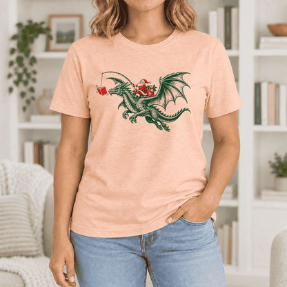 Santa Riding Green Dragon Ultra-Soft Cotton T-Shirt | Fantasy Reader Gift Heather Peach
