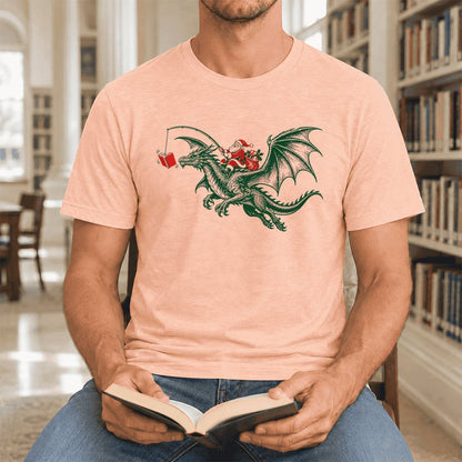 Santa Riding Green Dragon Ultra-Soft Cotton T-Shirt | Fantasy Reader Gift Heather Peach