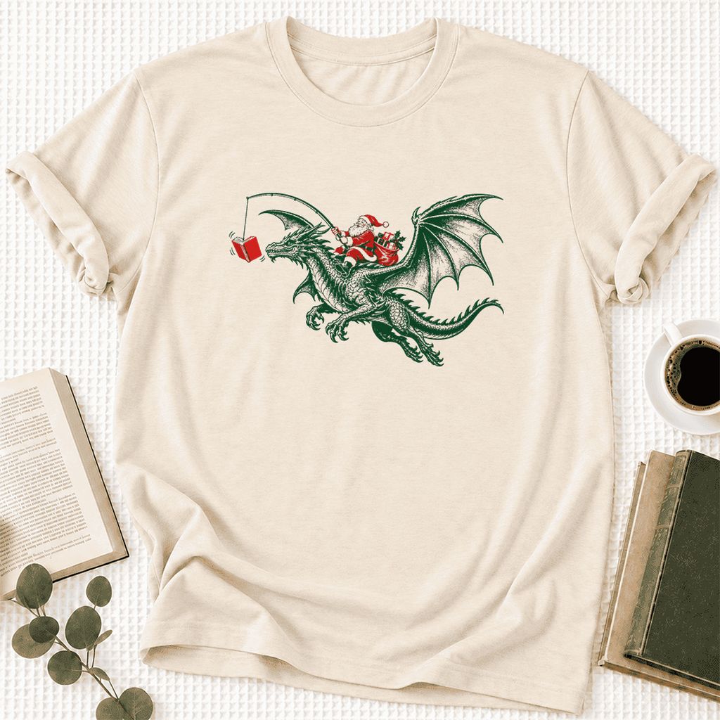 Santa Riding Green Dragon Ultra-Soft Cotton T-Shirt | Fantasy Reader Gift Natural