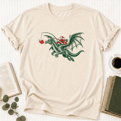 Santa Riding Green Dragon Ultra-Soft Cotton T-Shirt | Fantasy Reader Gift Natural