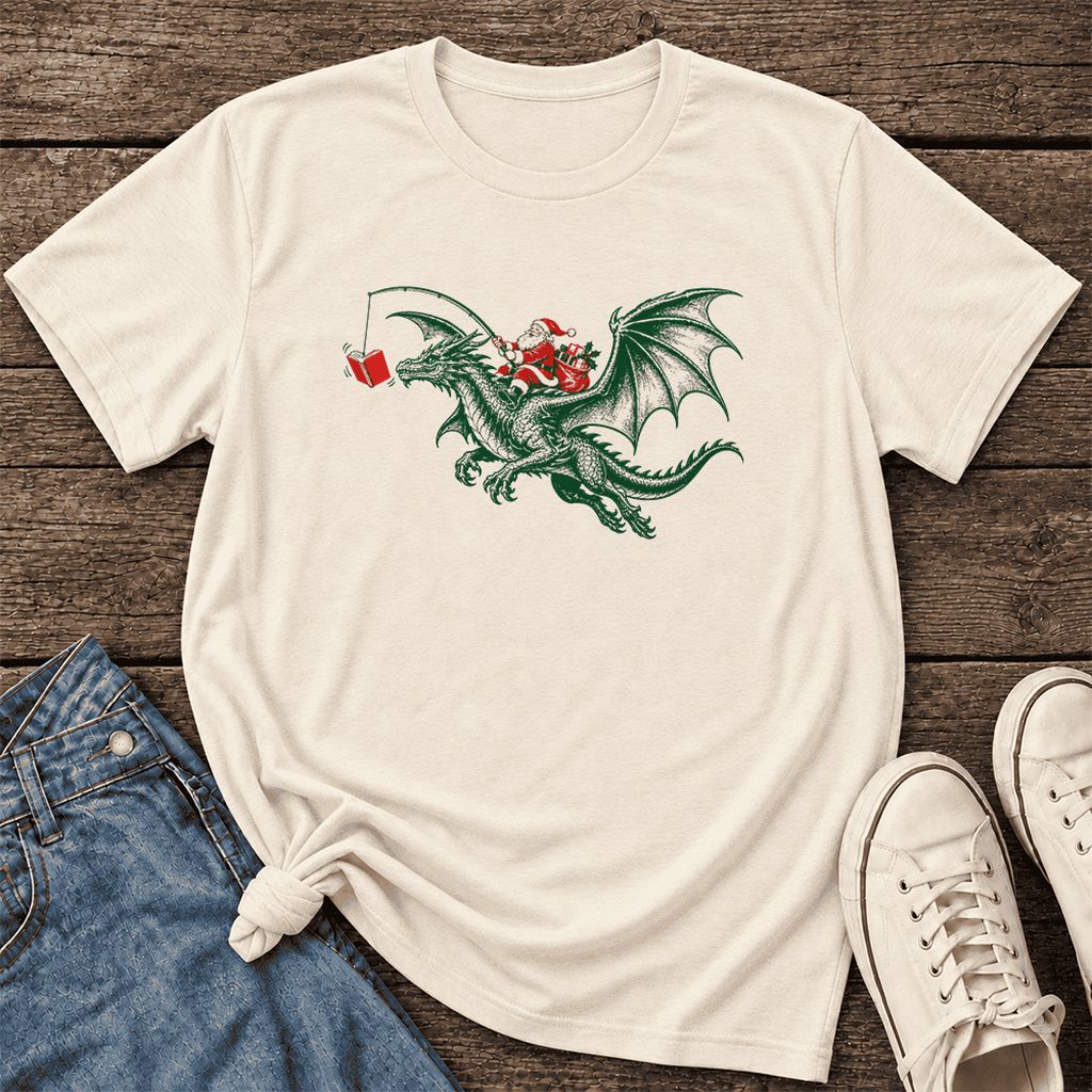 Santa Riding Green Dragon Ultra-Soft Cotton T-Shirt | Fantasy Reader Gift Natural