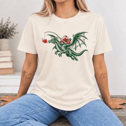 Santa Riding Green Dragon Ultra-Soft Cotton T-Shirt | Fantasy Reader Gift Natural