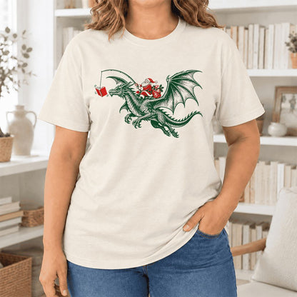 Santa Riding Green Dragon Ultra-Soft Cotton T-Shirt | Fantasy Reader Gift Natural